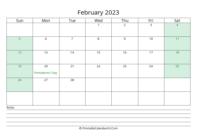 february 2023 calendar with us holidays and notes landscape layout