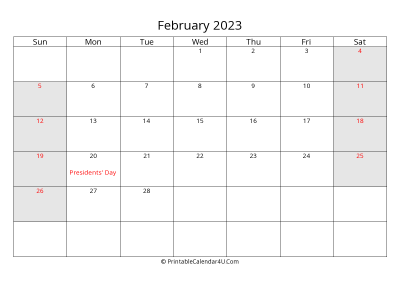 february 2023 calendar with us holidays highlighted landscape layout