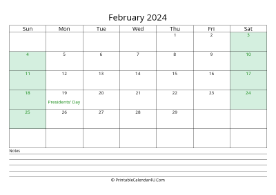 february 2024 calendar with us holidays and notes landscape layout