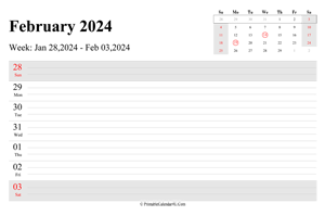 february 2024 weekly calendar with us holidays landscape layout
