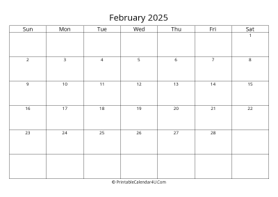 february 2025 calendar printable landscape layout