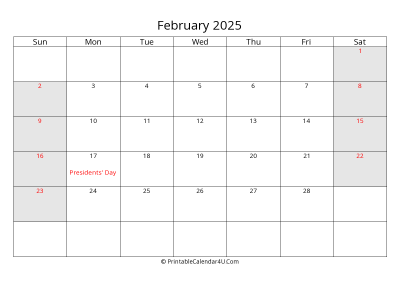 february 2025 calendar with us holidays highlighted landscape layout