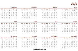 free 2030 calendar