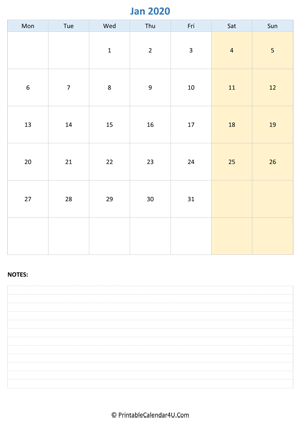 january 2020 calendar editable with notes vertical layout