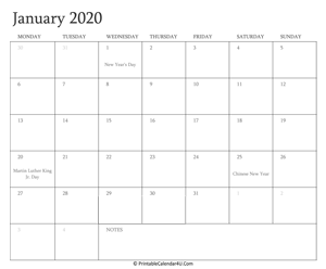 january 2020 calendar printable with holidays