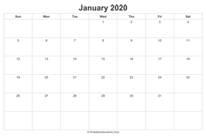 january 2020 calendar printable landscape layout