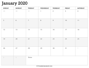 january 2020 calendar printable week starts on sunday