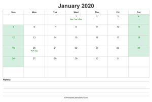 january 2020 calendar with us holidays and notes landscape layout