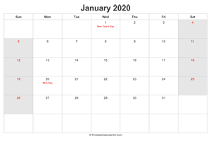 january 2020 calendar with us holidays highlighted landscape layout