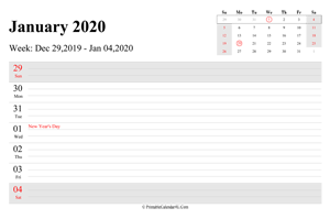 january 2020 weekly calendar with us holidays landscape layout