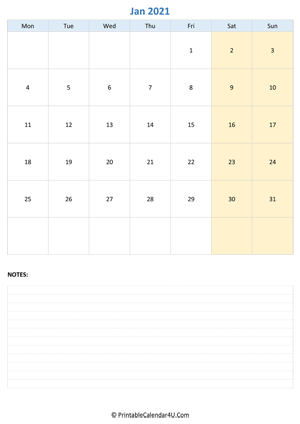 january 2021 calendar editable with notes vertical layout