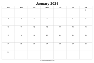 january 2021 calendar printable landscape layout