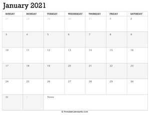 january 2021 calendar printable week starts on sunday