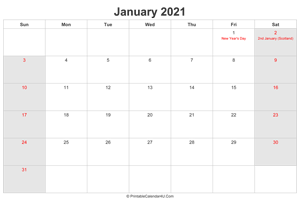 january 2021 calendar with uk bank holidays highlighted landscape layout