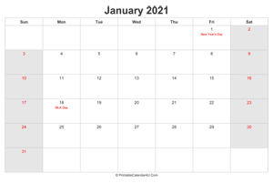 january 2021 calendar with us holidays highlighted landscape layout