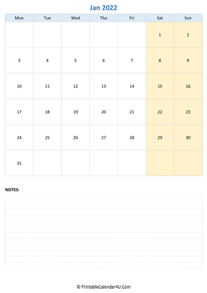 january 2022 calendar editable with notes vertical layout