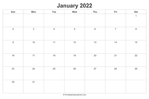 january 2022 calendar printable landscape layout