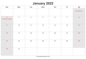 january 2022 calendar with uk bank holidays highlighted landscape layout