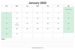 january 2022 calendar with us holidays and notes landscape layout