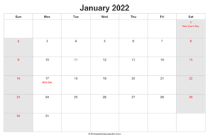january 2022 calendar with us holidays highlighted landscape layout