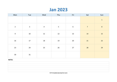 january 2023 calendar editable with notes horizontal layout