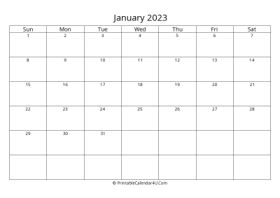 january 2023 calendar printable landscape layout