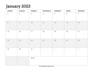 january 2023 calendar printable week starts on sunday