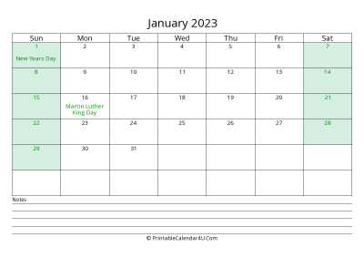 january 2023 calendar with us holidays and notes landscape layout