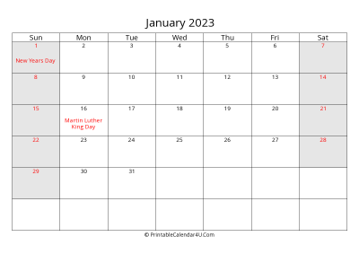 january 2023 calendar with us holidays highlighted landscape layout