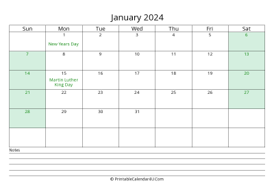 january 2024 calendar with us holidays and notes landscape layout