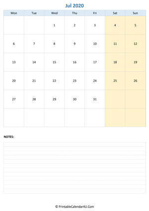 july 2020 calendar editable with notes vertical layout