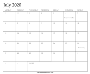 july 2020 calendar printable with holidays