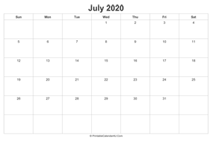 july 2020 calendar printable landscape layout