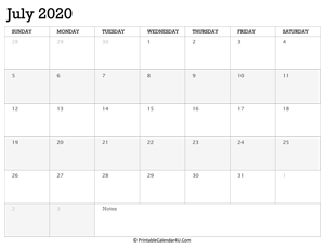 july 2020 calendar printable week starts on sunday