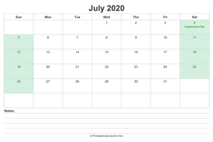 july 2020 calendar with us holidays and notes landscape layout
