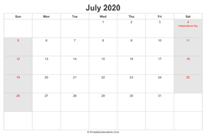 july 2020 calendar with us holidays highlighted landscape layout