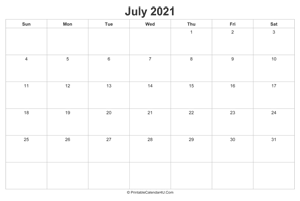 july 2021 calendar printable landscape layout