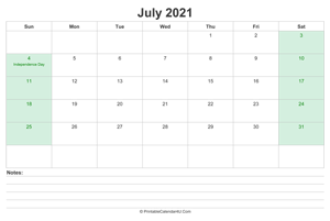 july 2021 calendar with us holidays and notes landscape layout