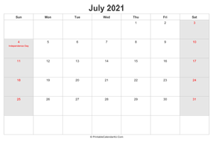 july 2021 calendar with us holidays highlighted landscape layout