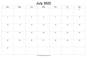 july 2022 calendar printable landscape layout