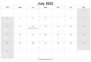 july 2022 calendar with uk bank holidays highlighted landscape layout