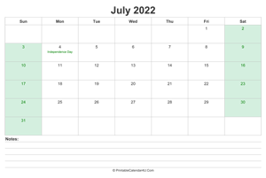 july 2022 calendar with us holidays and notes landscape layout