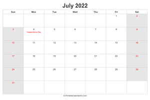 july 2022 calendar with us holidays highlighted landscape layout