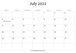 july 2022 editable calendar with holidays