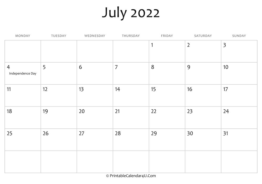july 2022 editable calendar with holidays