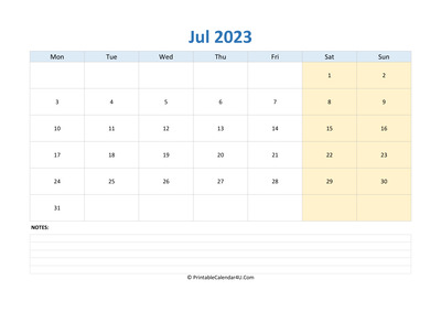 july 2023 calendar editable with notes horizontal layout