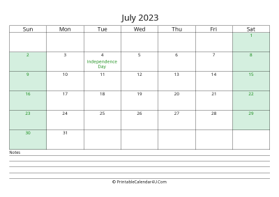 july 2023 calendar with us holidays and notes landscape layout