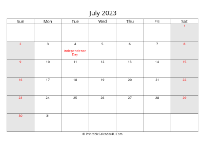july 2023 calendar with us holidays highlighted landscape layout
