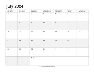 july 2024 calendar printable week starts on sunday