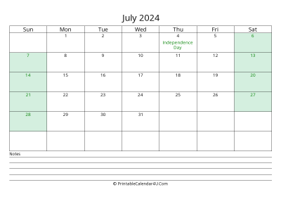july 2024 calendar with us holidays and notes landscape layout